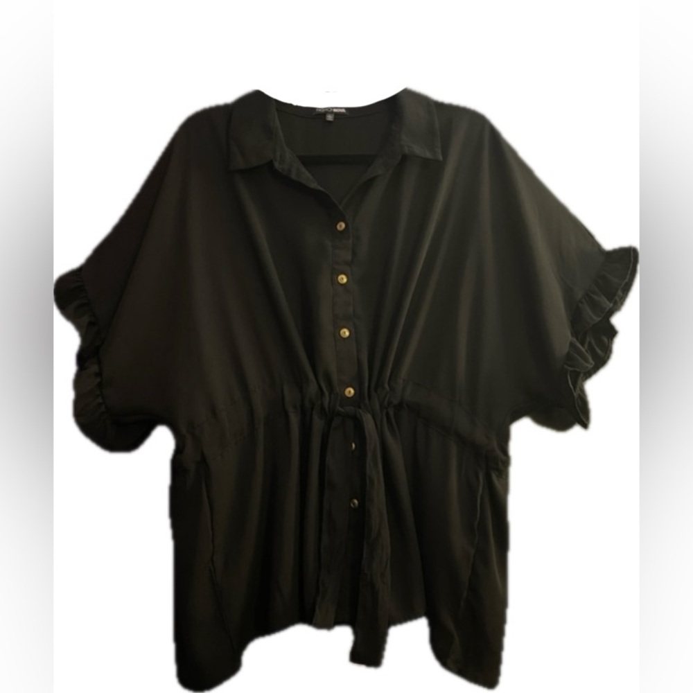 Semi Sheer Button Down Black Collared Blouse with Sash Belt & Ruffled Sleeves